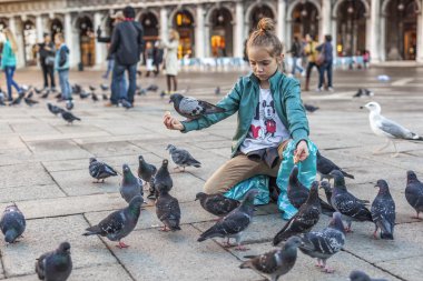küçük kız st-marc meydanda güvercin besleme