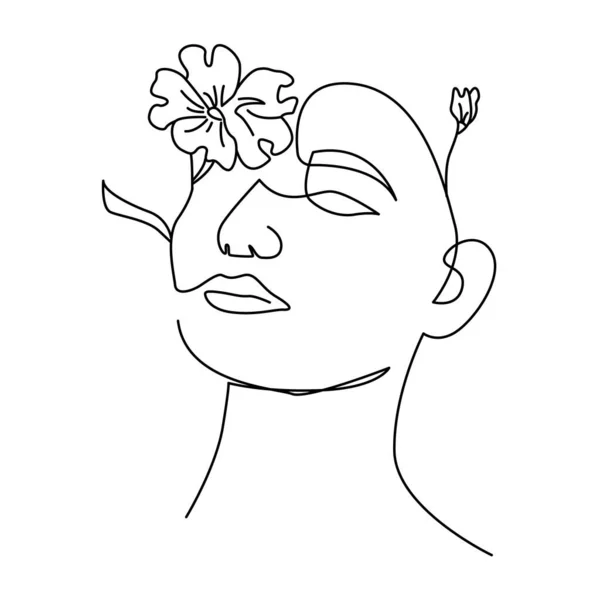 Γυναίκα Πρόσωπο Μία Γραμμή Τέχνης Λουλούδι — Διανυσματικό Αρχείο