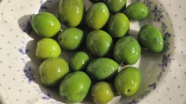 Taze toplanmış yeşil zeytinler güneş ışığı altında suyla birlikte bir kasede yavaşça dönüyorlar.