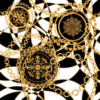 Değerli taşlar, altın zincirler ve incilerle süslenmiş kusursuz desenler..