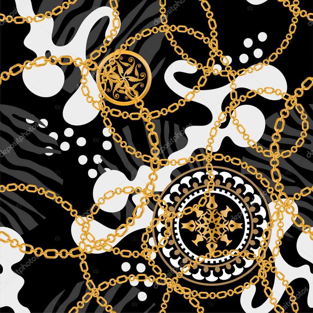 Seamless pattern decorated with precious stones, gold chains and pearls.