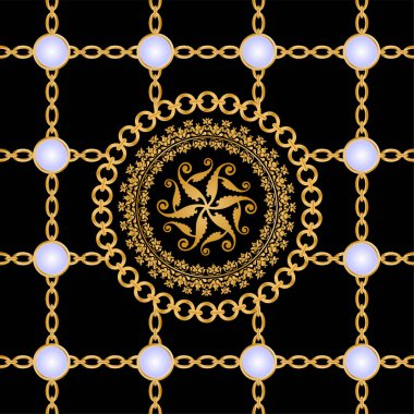 Değerli taşlar, altın zincirler ve incilerle süslenmiş kusursuz desenler..