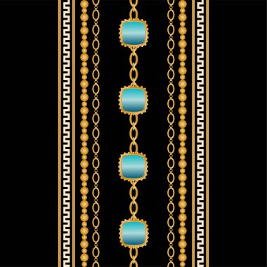 Değerli taşlar, altın zincirler ve incilerle süslenmiş kusursuz desenler..