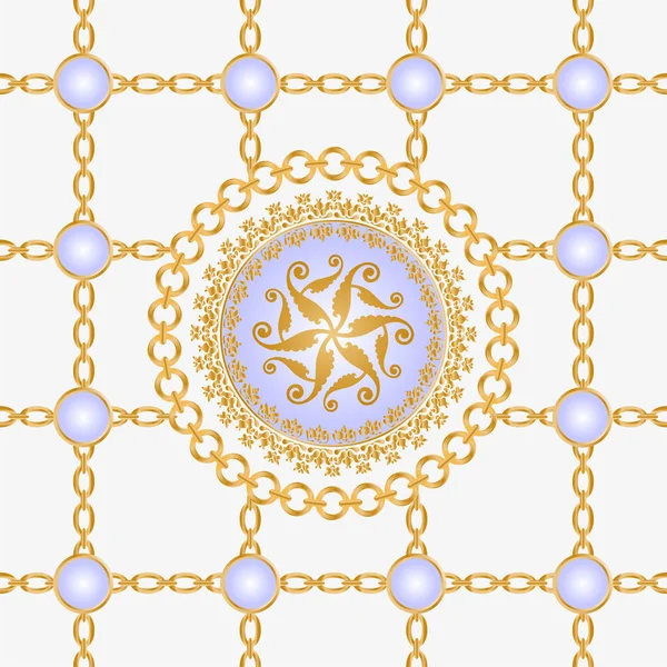 Seamless Pattern Decorated Precious Stones Gold Chains Pearls — Stock Vector