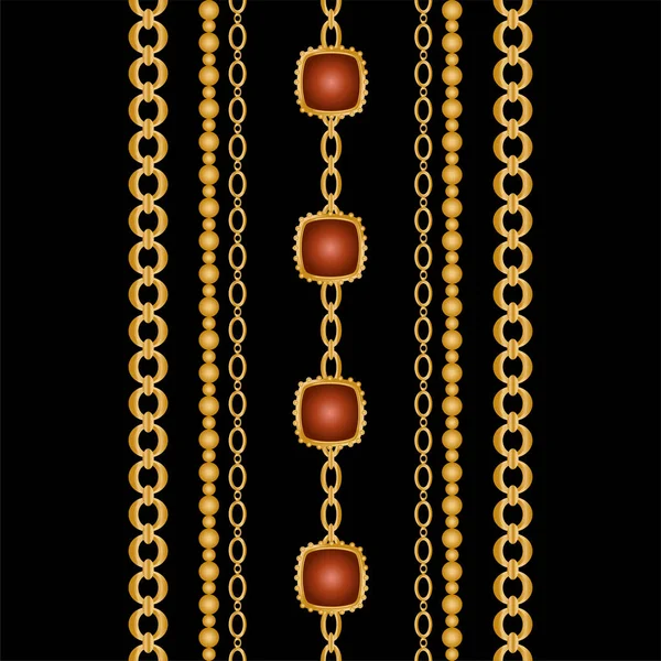 Patrón Sin Costuras Decorado Con Piedras Preciosas Cadenas Oro Perlas — Vector de stock