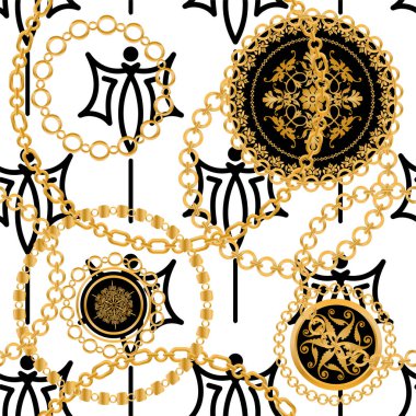 Değerli taşlar, altın zincirler ve incilerle süslenmiş kusursuz desenler..