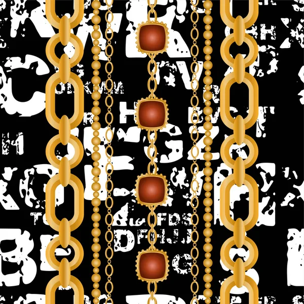 Seamless Pattern Decorated Precious Stones Gold Chains Pearls — Stock Vector