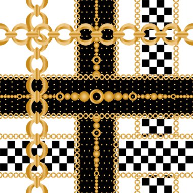 Altın zincirler ve çiçeklerle süslenmiş kusursuz desenler..