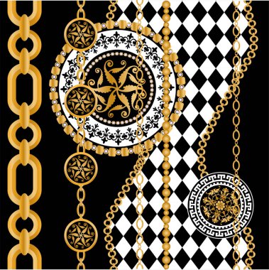 Altın zincirler ve çiçeklerle süslenmiş kusursuz desenler..