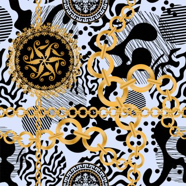 Altın zincirler ve çiçeklerle süslenmiş kusursuz desenler..