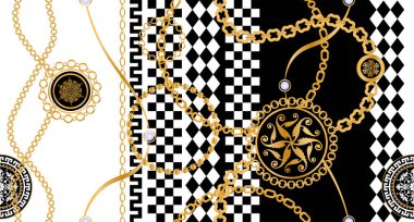 Altın zincirler ve çiçeklerle süslenmiş kusursuz desenler..