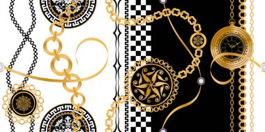 Altın zincirler ve çiçeklerle süslenmiş kusursuz desenler..