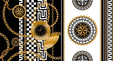 Değerli taşlar, altın zincirler ve incilerle süslenmiş kusursuz desenler..