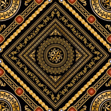 Değerli taşlar, altın zincirler ve incilerle süslenmiş kusursuz desenler..