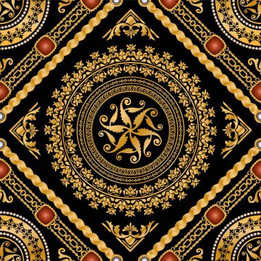 Değerli taşlar, altın zincirler ve incilerle süslenmiş kusursuz desenler..