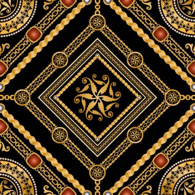 Değerli taşlar, altın zincirler ve incilerle süslenmiş kusursuz desenler..