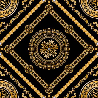 Değerli taşlar, altın zincirler ve incilerle süslenmiş kusursuz desenler..