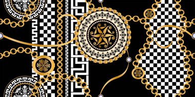 Değerli taşlar, altın zincirler ve incilerle süslenmiş kusursuz desenler..