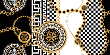 Değerli taşlar, altın zincirler ve incilerle süslenmiş kusursuz desenler..