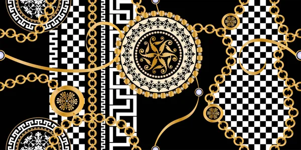 Değerli taşlar, altın zincirler ve incilerle süslenmiş kusursuz desenler..