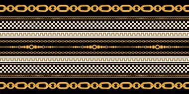 Değerli taşlar, altın zincirler ve incilerle süslenmiş kusursuz desenler..