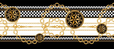 Değerli taşlar, altın zincirler ve incilerle süslenmiş kusursuz desenler..