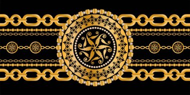 Değerli taşlar, altın zincirler ve incilerle süslenmiş kusursuz desenler..