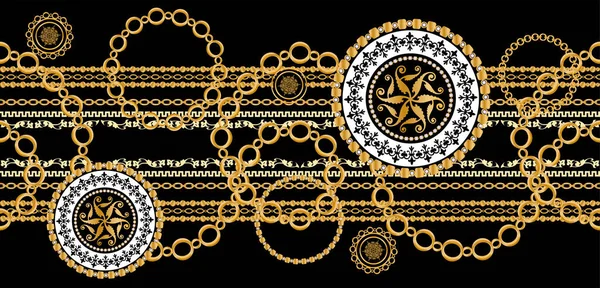 Değerli taşlar, altın zincirler ve incilerle süslenmiş kusursuz desenler..