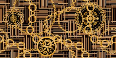 Değerli taşlar, altın zincirler ve incilerle süslenmiş kusursuz desenler..