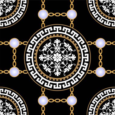 Değerli taşlar, altın zincirler ve incilerle süslenmiş kusursuz desenler..