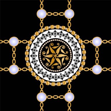 Değerli taşlar, altın zincirler ve incilerle süslenmiş kusursuz desenler..