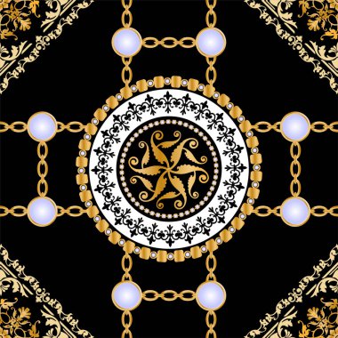 Değerli taşlar, altın zincirler ve incilerle süslenmiş kusursuz desenler..