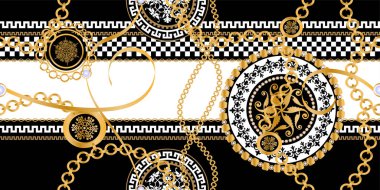 Değerli taşlar, altın zincirler ve incilerle süslenmiş kusursuz desenler..