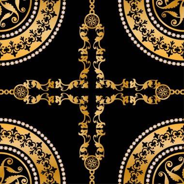 Değerli taşlar, altın zincirler ve incilerle süslenmiş kusursuz desenler..