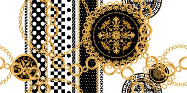 Değerli taşlar, altın zincirler ve incilerle süslenmiş kusursuz desenler..