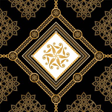 Değerli taşlar, altın zincirler ve incilerle süslenmiş kusursuz desenler..