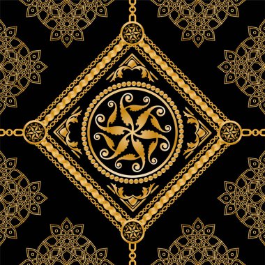 Değerli taşlar, altın zincirler ve incilerle süslenmiş kusursuz desenler..