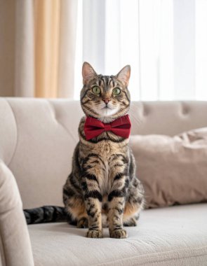 Yün bir kazağın içinden dışarı bakan sevimli bir kedi..