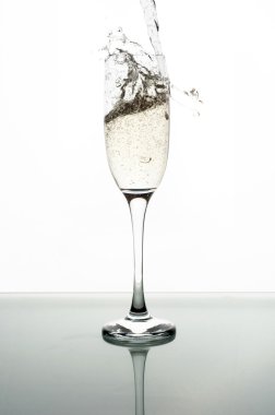 Beyaz arka planda şampanyayı cama dökmek