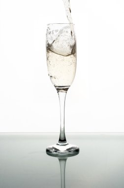 Beyaz arka planda şampanyayı cama dökmek