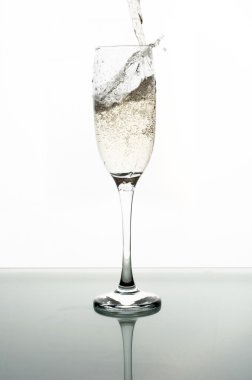 Beyaz arka planda şampanyayı cama dökmek