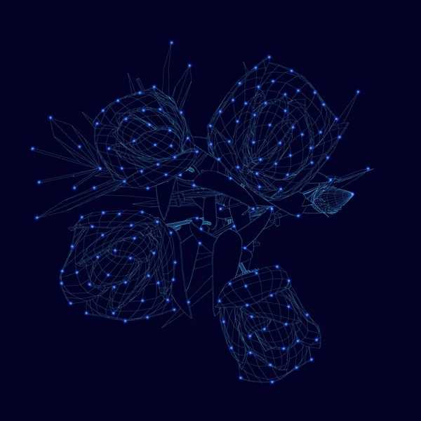 Wireframe niebieskich róż na ciemnym tle z świecącymi światłami. Widok z góry. 3D. Ilustracja wektora — Wektor stockowy