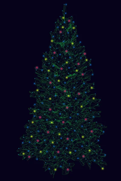 Estructura de un árbol de Navidad hecho de líneas verdes sobre un fondo oscuro con luces brillantes. Ilustración del vector — Archivo Imágenes Vectoriales