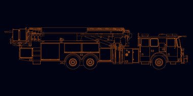 Koyu bir arka planda turuncu çizgilerden detaylı bir itfaiye arabası taslağı. Yan görüş. Vektör illüstrasyonu
