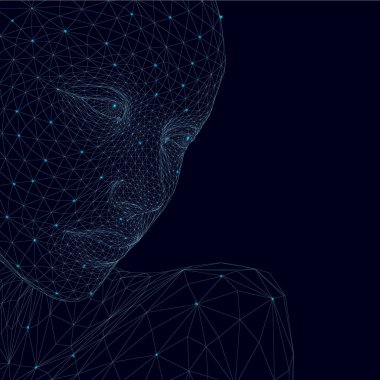 Koyu arkaplanda parlayan ışıklar olan mavi çizgilerden yapılmış bir kız yüzü. Vektör illüstrasyonu