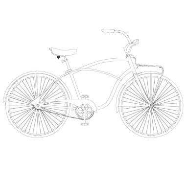 Beyaz arka planda siyah çizgilerden oluşan yarı dairesel bir gidonu olan bir bisiklet. Yan görüş. Vektör illüstrasyonu