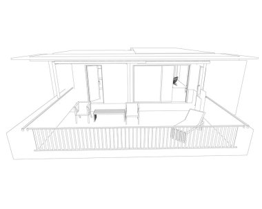 Yazlık terası olan evin dış hatları. Üç boyutlu. Vektör illüstrasyonu