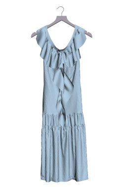 Mavi elbise askıda asılı duruyor. Üç boyutlu. Vektör illüstrasyonu