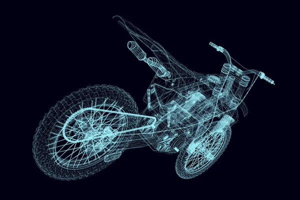Wireframe de uma bicicleta de esportes de linhas azuis em um fundo escuro. 3D. Ilustração vetorial —  Vetores de Stock
