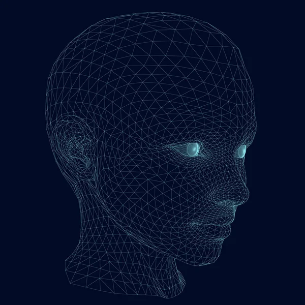 Wireframe da cabeça de menina de linhas azuis em um fundo escuro. 3D. Ilustração vetorial —  Vetores de Stock